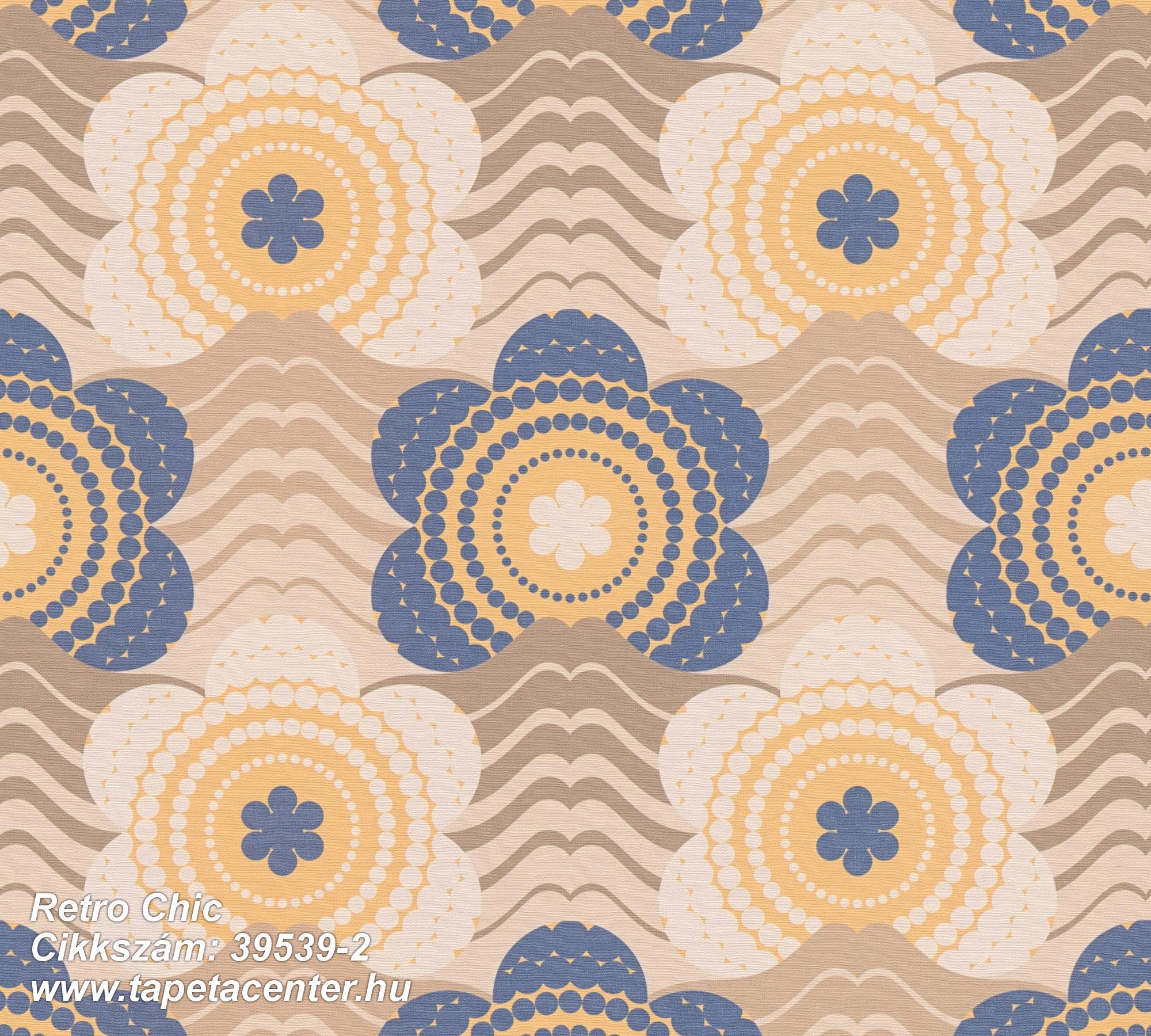 Retro,textil hatású,virágmintás,bézs-drapp,kék,narancs-terrakotta,súrolható,vlies tapéta 